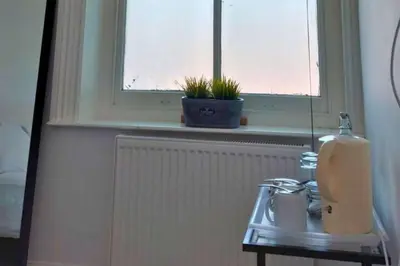 a bathroom with a sink and a window with a potted plant at Stylish Double Room in City Centre - Shared Bathroom - Parking in Preston