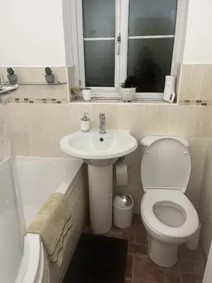 a bathroom with a toilet and a sink at Princess Wigan House in Wigan