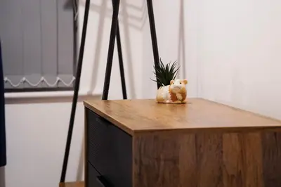 a teddy bear sitting on top of a dresser at Stylish 2 bedroom flat - 15 minutes to Liverpool City Centre in Birkenhead