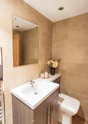 a bathroom with a sink and a toilet and a mirror at Camden Apartments 1 in Liverpool