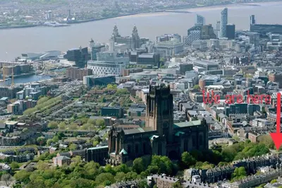 an aerial view of a city with a large building at City Centre Georgian Qtr Apartment Canning St 2bed 2bath in Liverpool