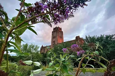 an old building in the background with purple flowers at City Centre Georgian Qtr Apartment Canning St 2bed 2bath in Liverpool