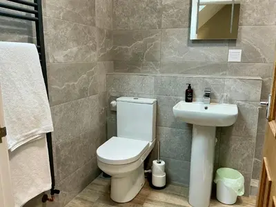 a bathroom with a toilet and a sink at Chequers Lodge- Dalton-in- Furness- Self check in- for professionals and tourists in Dalton in Furness