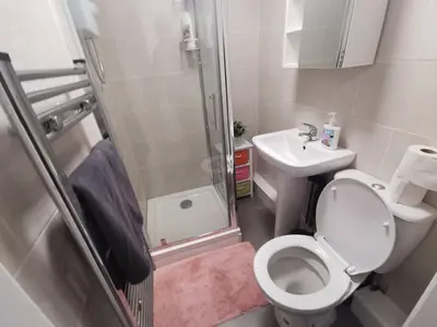 a bathroom with a toilet and a shower and a sink at Unique LFC Themed House in Liverpool