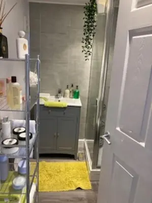 a small bathroom with a sink and a shower at Beautiful new Garden Annexe in Ashton in Makerfield