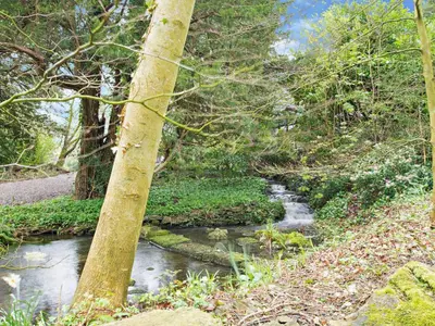 a stream in the middle of a forest with trees at 1 Bed in Cartmel LCC15 in Cartmel