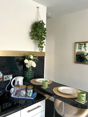 a kitchen with two plates on a counter at Winter Gardens Flat 2 - Studio The Retreat in Blackpool