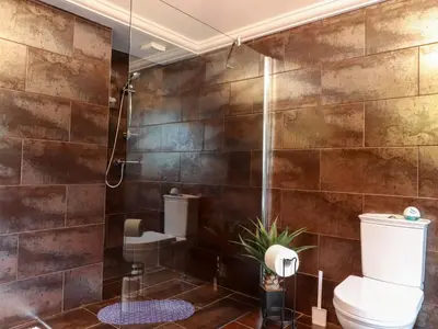 a bathroom with a toilet and a shower at Linwood in Thornton