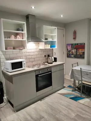 a kitchen with a stove and a microwave at Lovely Double Bedroom in Liverpool