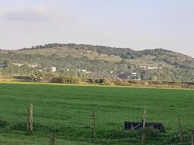 a large green field with a hill in the background at Sunnyside Farm in Grange Over Sands