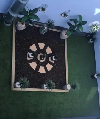 an overhead view of a garden with plants and a wheel at Liverpool Stays - Kempston Court in Liverpool