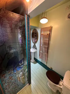 a bathroom with a shower with a toilet in it at Victorian Copper Cottage in Lancaster