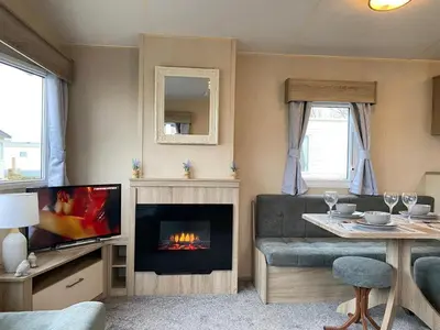 a living room with a couch and a fireplace at Angella's Caravan - Morecambe in Morecambe