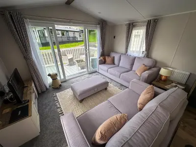 an overhead view of a living room with a couch at Hobbit - Cosy Holiday Lodge with Pool in Longridge