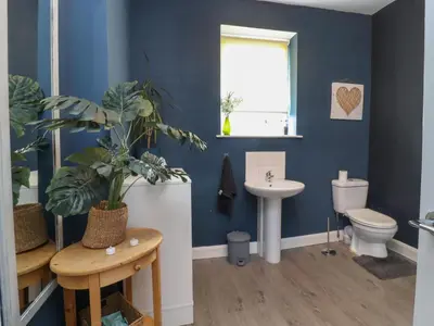a bathroom with blue walls and a toilet and a sink at Pendle View Apartments in Blackburn