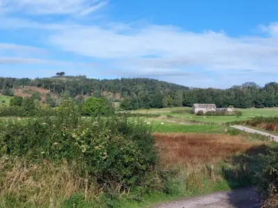 a field with a barn in the middle of a field at Sunnydale, Cartmel in Cartmel