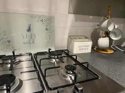 a gas stove top in a kitchen at Cosy home close to M6 motorway in Pemberton