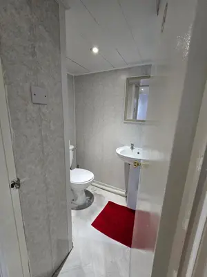 a bathroom with a white toilet and a sink at Wilsons Lodge in Blackpool