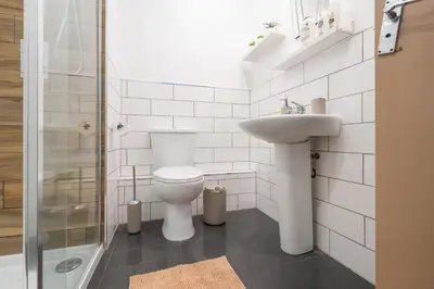 a bathroom with a toilet and a sink and a shower at Cosy central apartment - free nearby parking in Liverpool