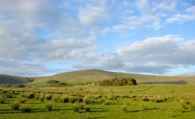 a green field with hills in the background at Snipe - Bleasdale in Chipping
