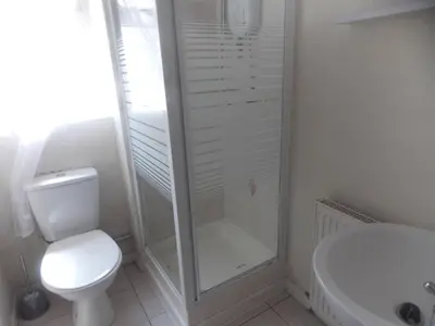 a bathroom with a shower and a toilet and a sink at The Celtic Pride Hotel in Blackpool