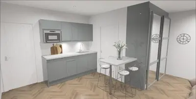 a rendering of a kitchen with a counter and stools at 8 Water Street in Liverpool
