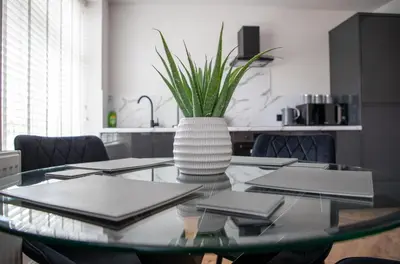 a glass table with a vase with a plant on it at Gynn Stays - Apartment One in Blackpool