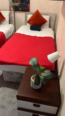 a bed with a red blanket and a plant on a table at mater dei suite near royal liverpool hospital in Liverpool