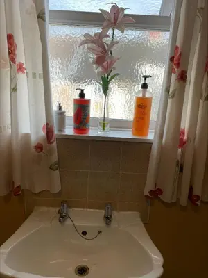 a bathroom sink with two bottles on a window at mater dei suite near royal liverpool hospital in Liverpool