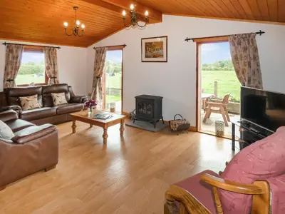 a living room with a couch and a fireplace at Chestnut Lodge in Pilling