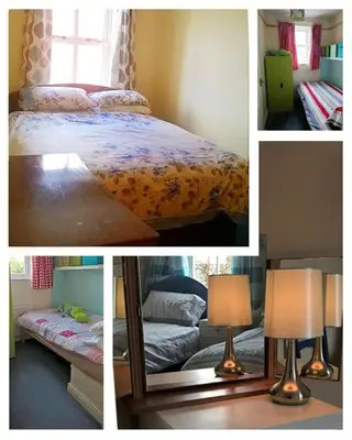 a collage of pictures of a bedroom with a bed and a lamp at Marjorie's Cottage in Ulverston
