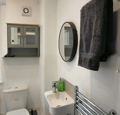 a bathroom with a toilet and a sink and a mirror at Newly Renovated 3 Bedroom House, 6 beds with 2 showers, near University Town Centre in Lancaster