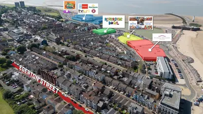an overhead view of a city with buildings and a beach at Terracotta Apartment, free WiFi & parking, coastal location in New Brighton