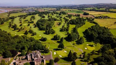 an aerial view of windsor castle and its grounds at Ashton Hall at Lancaster Golf Club in Lancaster