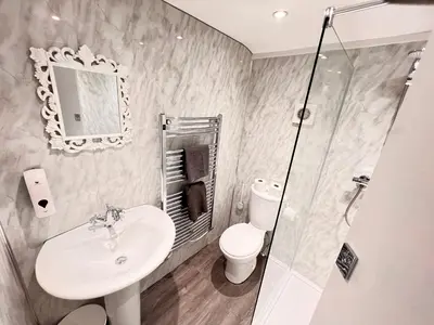 a bathroom with a sink and a toilet and a shower at The Brooklyn loft apartment in Blackpool