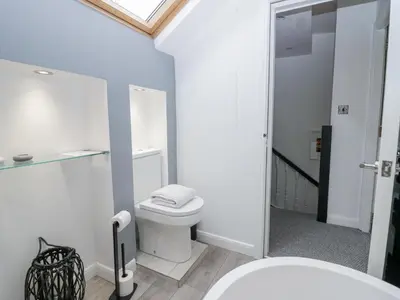 a bathroom with a toilet and a walk in shower at Willow Cottage in Carnforth