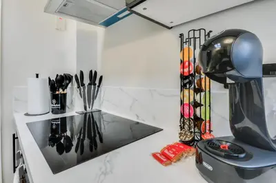 a kitchen with a counter with a knife rack at Ripon By Serene Stays Stylish Liverpool Home Sleeps 5 with Free Parking Fast WiFi and Close to Stadiums in Liverpool
