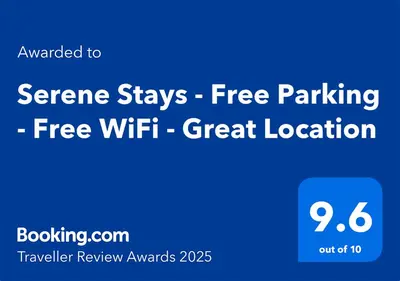 a blue sign with the words screen stays free parking at Ripon By Serene Stays Stylish Liverpool Home Sleeps 5 with Free Parking Fast WiFi and Close to Stadiums in Liverpool