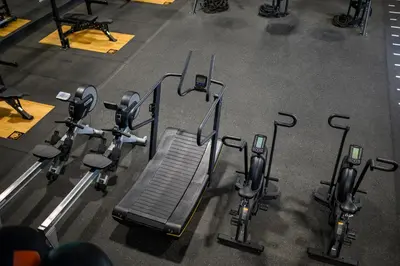 an overhead view of a gym with a bench at The Bothy Cottage in Lytham St Annes