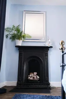 a black fireplace with a plant on top of it at Evie Cottage - The peaceful Retreat in Morecambe