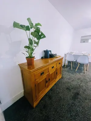 a wooden cabinet with a potted plant on top of it at Bay Wind Apartment in Morecambe