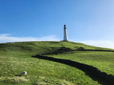 a sheep grazing on a hill with a lighthouse at 2 Bed in Ulverston oc-q29885 in Ulverston
