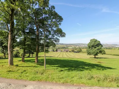 a field with trees and a pole in the grass at Priestleys Retreat in Blackburn