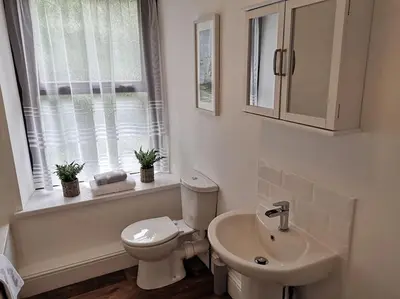 a white bathroom with a toilet and a sink at Estuary View Bank House Stunning apartment in Millom