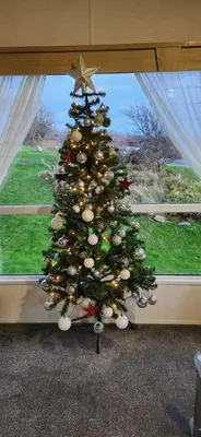 a christmas tree in front of a window at Sea breeze, modern, cosy holiday home in Haverigg