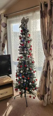 a christmas tree sitting in front of a window at Lagooncombe modern and cosy holiday home in Haverigg