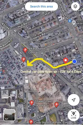 a map of a parking lot with cars and buildings at Double Room with Private Bathroom Partial Tower view 16 Havelock Street - 5 in Blackpool