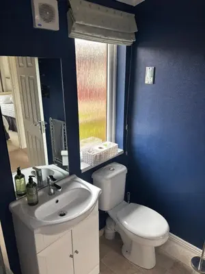 a bathroom with a toilet and a sink and a mirror at Gressingham 9 - South Lakes Leisure Village - lodge on the lake in Carnforth