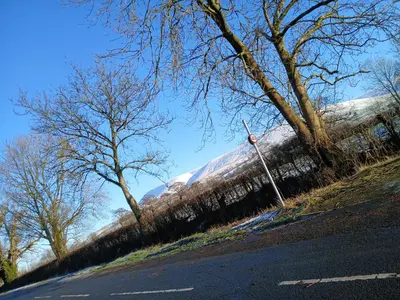 a snow covered hill with trees and a stop sign at Cosy 19th century town-house in Clitheroe