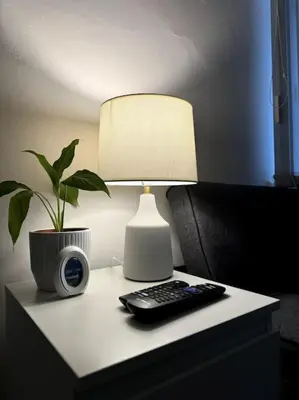 a table with a lamp and a remote control and a plant at No 6 - Home away from Home in Liverpool
